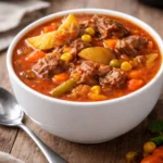 A bowl of hearty Vegetable Beef Soup with vegetables and tender beef chunks