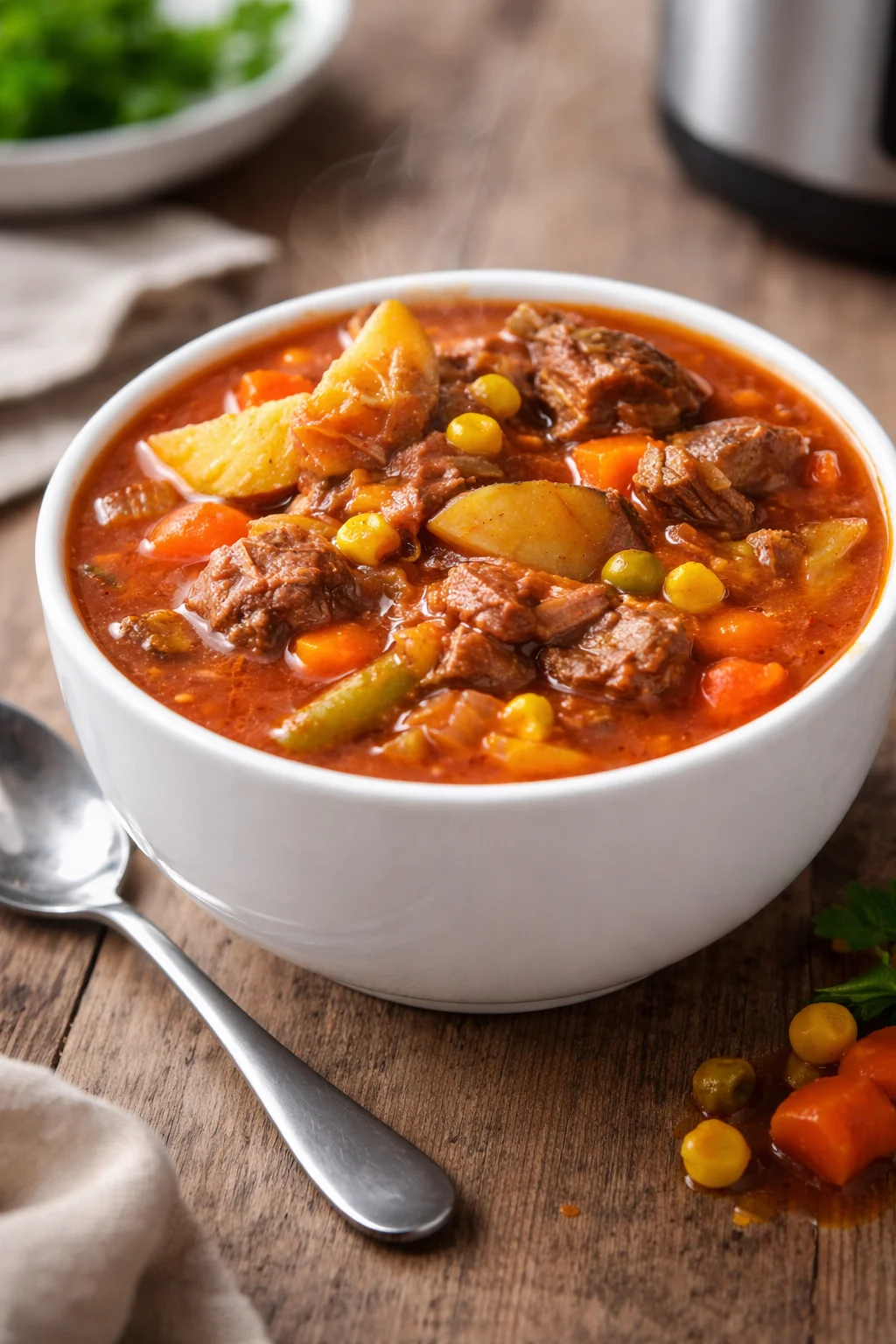 A bowl of hearty Vegetable Beef Soup with vegetables and tender beef chunks