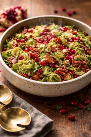 Warm Brussels sprouts salad with crispy bacon and fresh ingredients