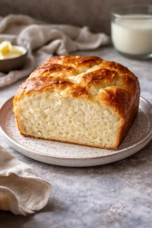 A loaf of zero carb yogurt bread, fresh and healthy, on a wooden cutting board.