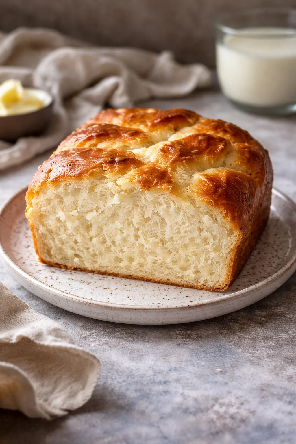 A loaf of zero carb yogurt bread, fresh and healthy, on a wooden cutting board.