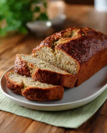 Slice of homemade zucchini bread with nuts and spices on a wooden table