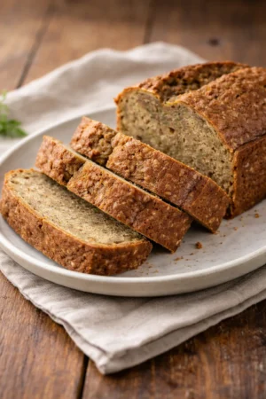 Freshly baked zucchini bread with slices on a wooden board