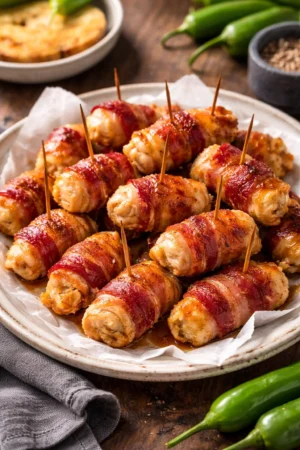 Delicious bacon-wrapped chicken bites served as an appetizer
