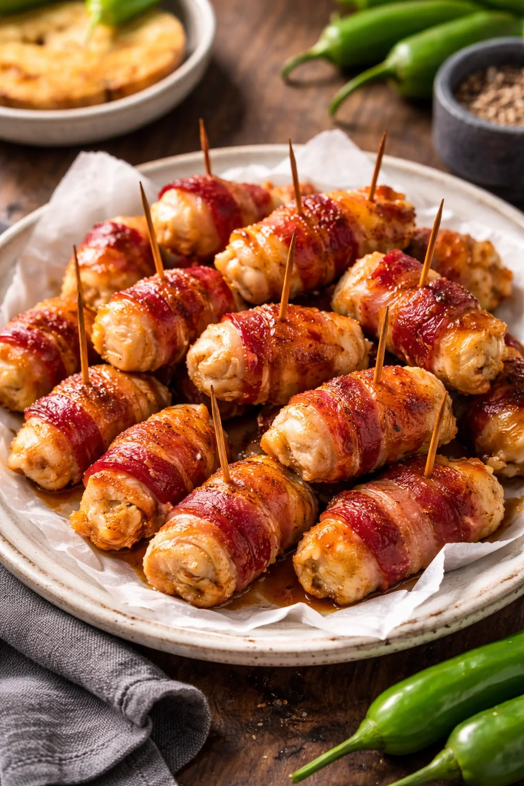 Delicious bacon-wrapped chicken bites served as an appetizer