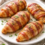 Delicious bacon wrapped chicken breast ready to be served
