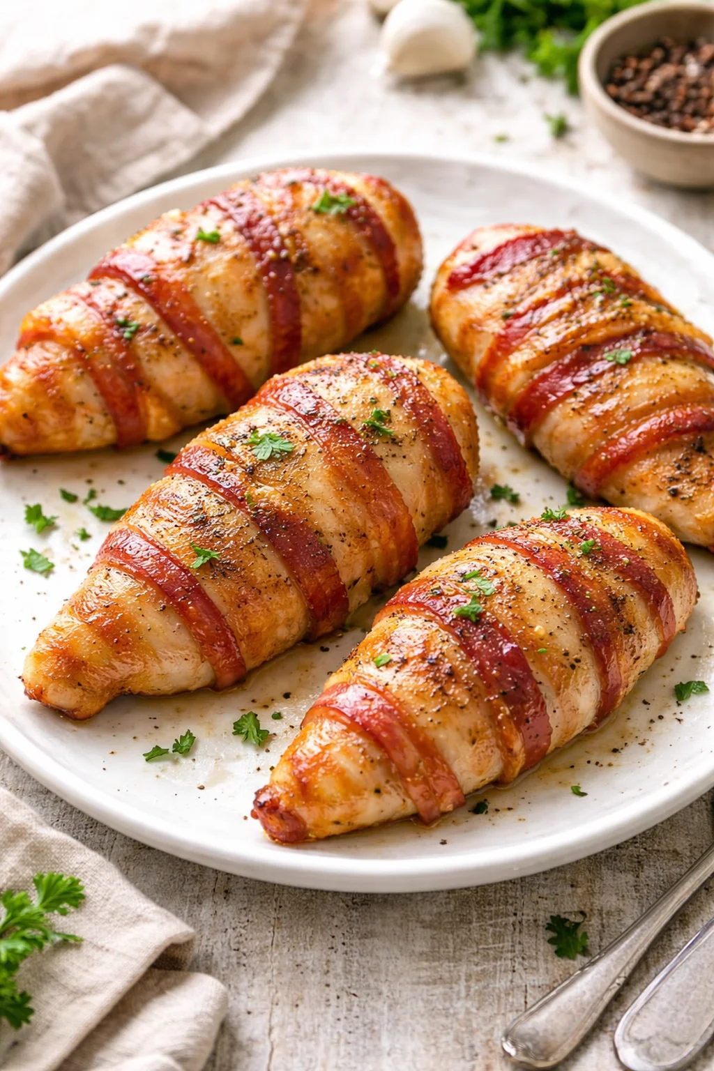 Delicious bacon wrapped chicken breast ready to be served