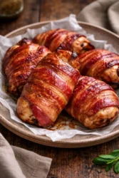 Delicious Bacon-Wrapped Chicken Thighs ready to serve