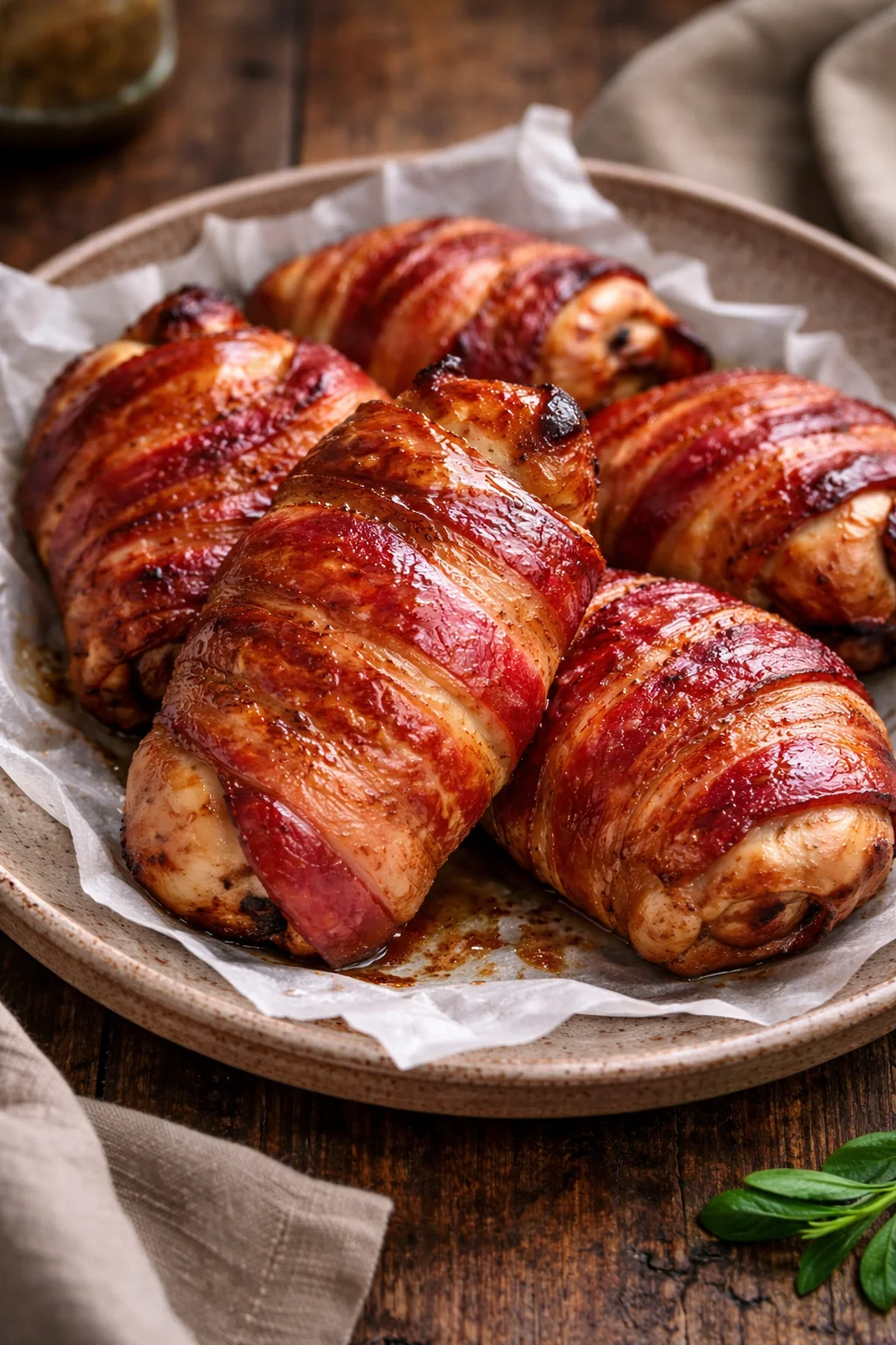 Delicious Bacon-Wrapped Chicken Thighs ready to serve