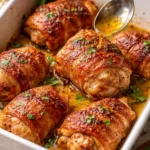 Bacon-Wrapped Chicken Thighs cooked to perfection on a plate