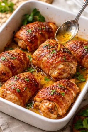 Bacon-Wrapped Chicken Thighs cooked to perfection on a plate