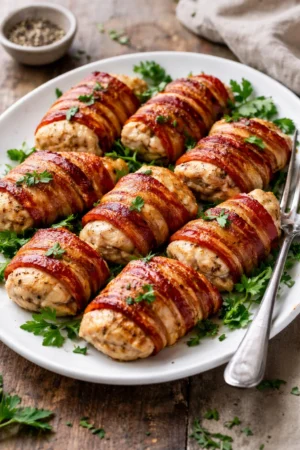 Bacon wrapped chicken thighs grilled to perfection with crispy bacon