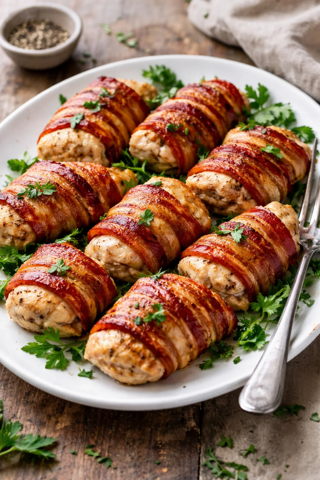 Bacon wrapped chicken thighs grilled to perfection with crispy bacon
