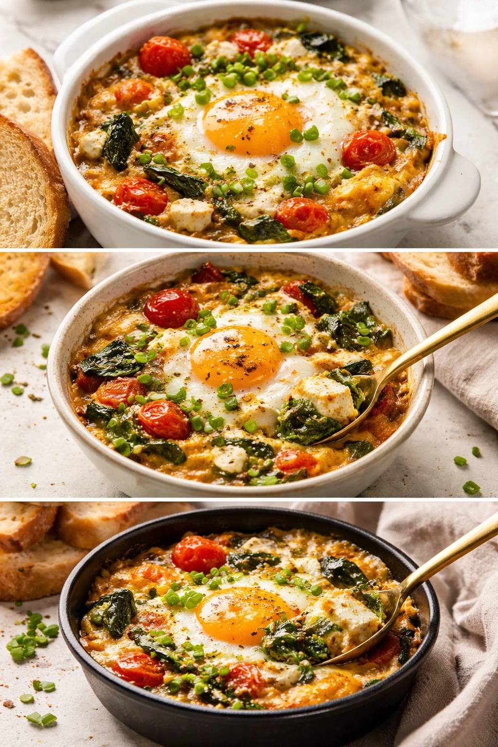 Baked feta eggs with tomatoes and spinach served in a rustic dish