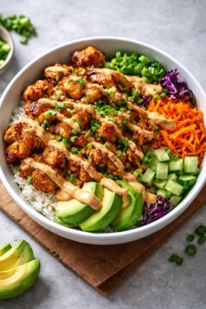 Delicious Bang Bang Chicken Bowl garnished with fresh vegetables and sauce