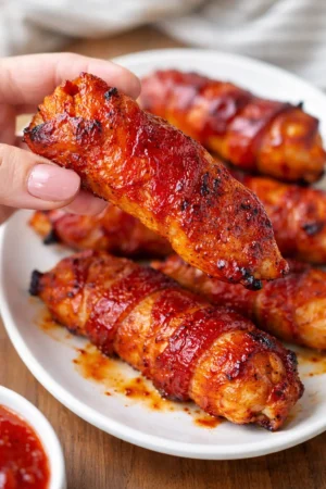 Barbecue bacon-wrapped chicken tenders on a grill plate
