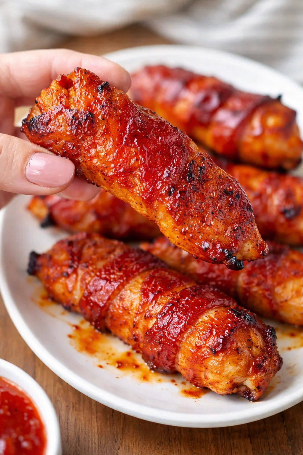 Barbecue bacon-wrapped chicken tenders on a grill plate