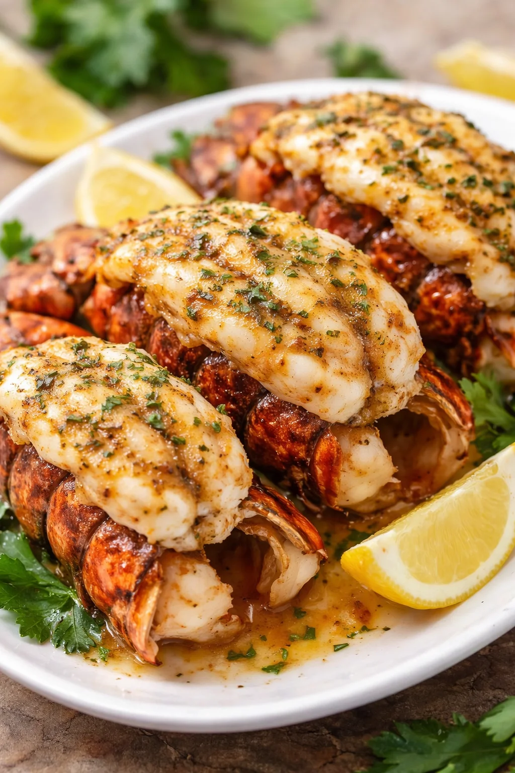 Delicious broiled lobster tail garnished with lemon and herbs