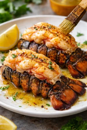 Delicious broiled lobster tail served on a plate with lemon and herbs