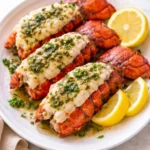 Delicious broiled lobster tails ready to serve with lemon and butter.