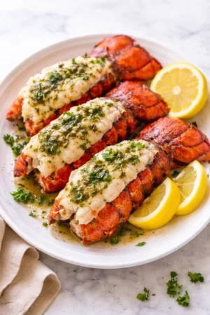 Delicious broiled lobster tails ready to serve with lemon and butter.
