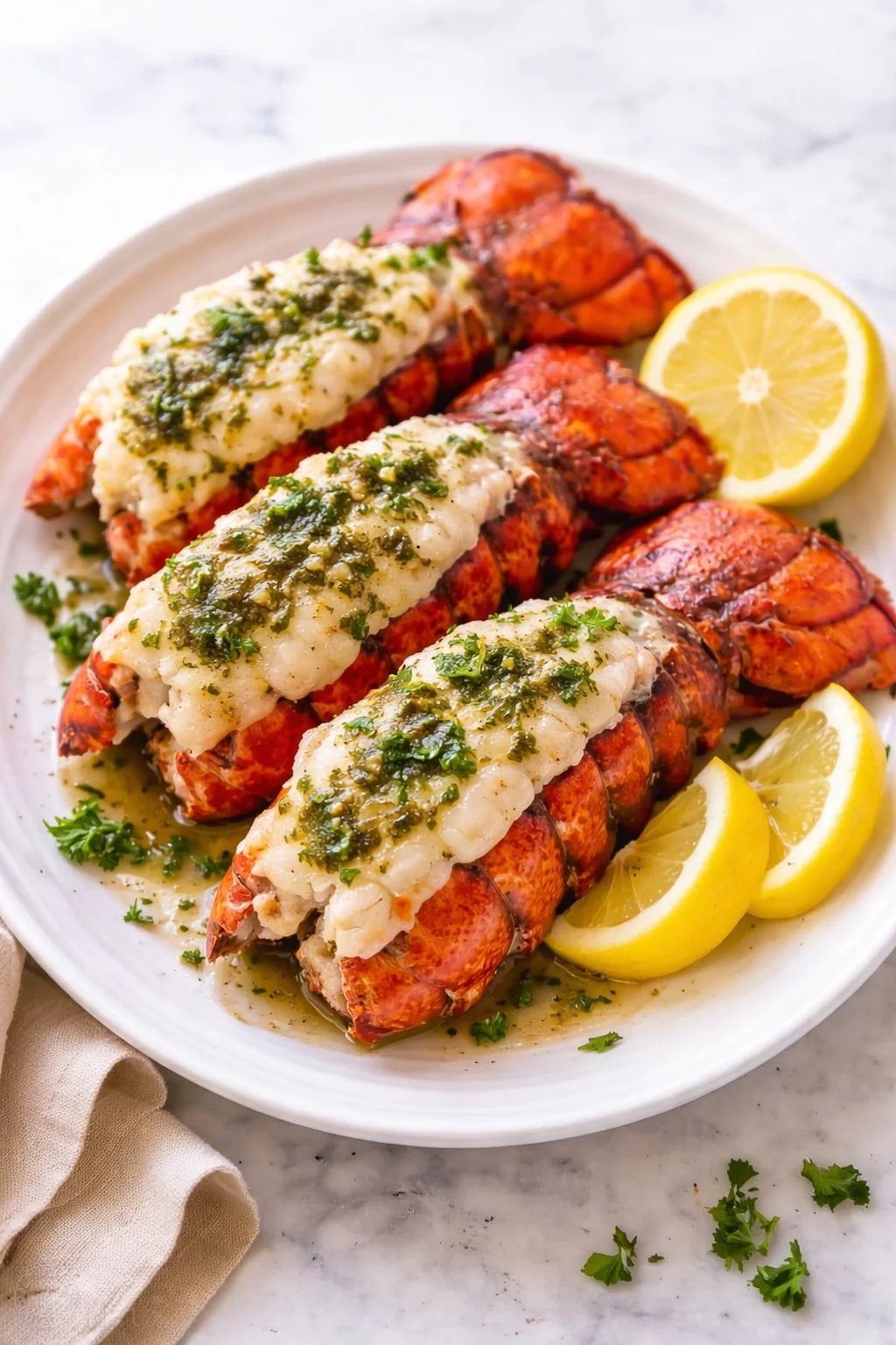 Delicious broiled lobster tails ready to serve with lemon and butter.