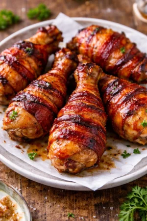 Delicious Brown Sugar Bacon Wrapped Chicken Drumsticks garnished and ready to serve