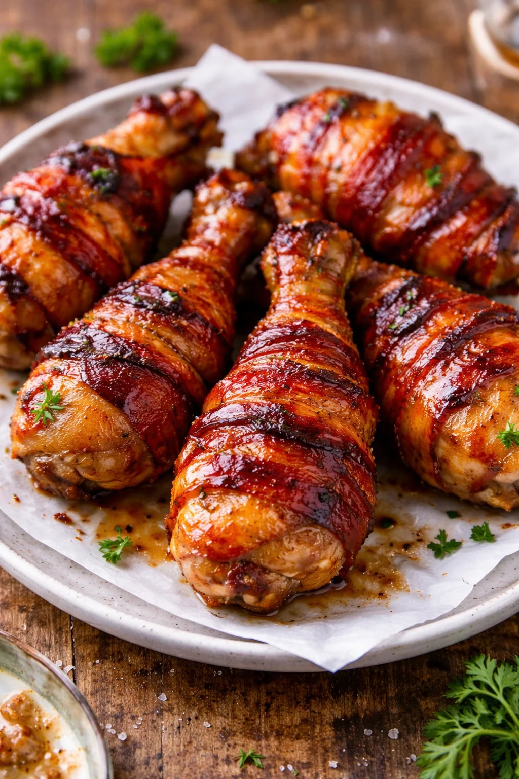 Delicious Brown Sugar Bacon Wrapped Chicken Drumsticks garnished and ready to serve