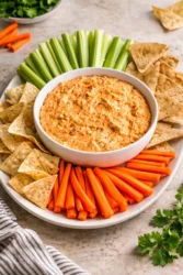 Creamy Buffalo Chicken Dip served with tortilla chips on a table