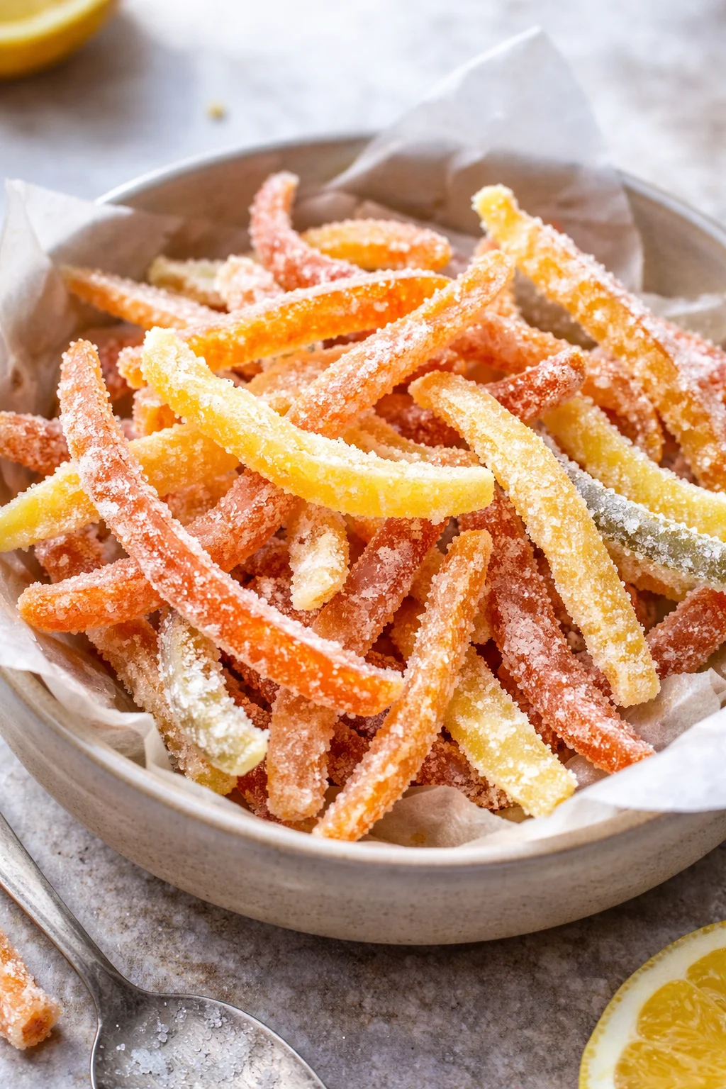 Homemade candied orange peel slices on a plate.