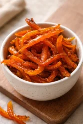 A bowl of homemade candied orange peels garnished with sugar