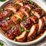 Char Siu Chicken marinated in a savory sauce, served on a plate