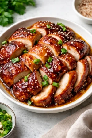 Char Siu Chicken marinated in a savory sauce, served on a plate