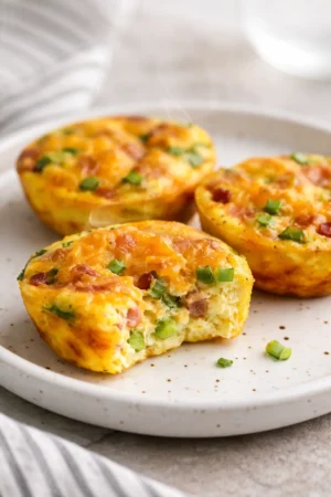 Delicious Cheesy Egg Bites served on a plate, perfect for breakfast.