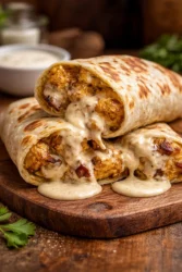 Cheesy garlic chicken wraps served in a plate with fresh greens
