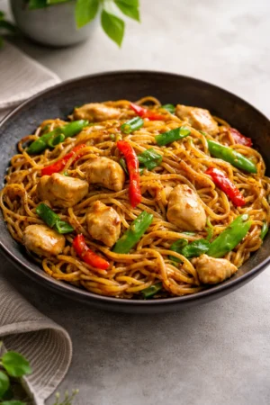 Delicious Chicken Lo Mein with tender chicken and colorful vegetables