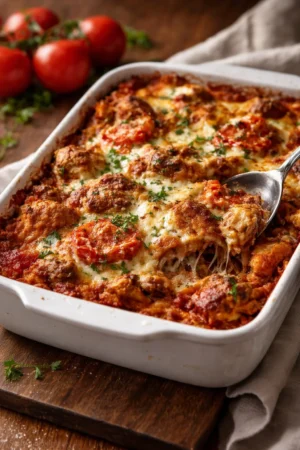 Delicious Chicken Parmesan Casserole baked to perfection with cheese and marinara