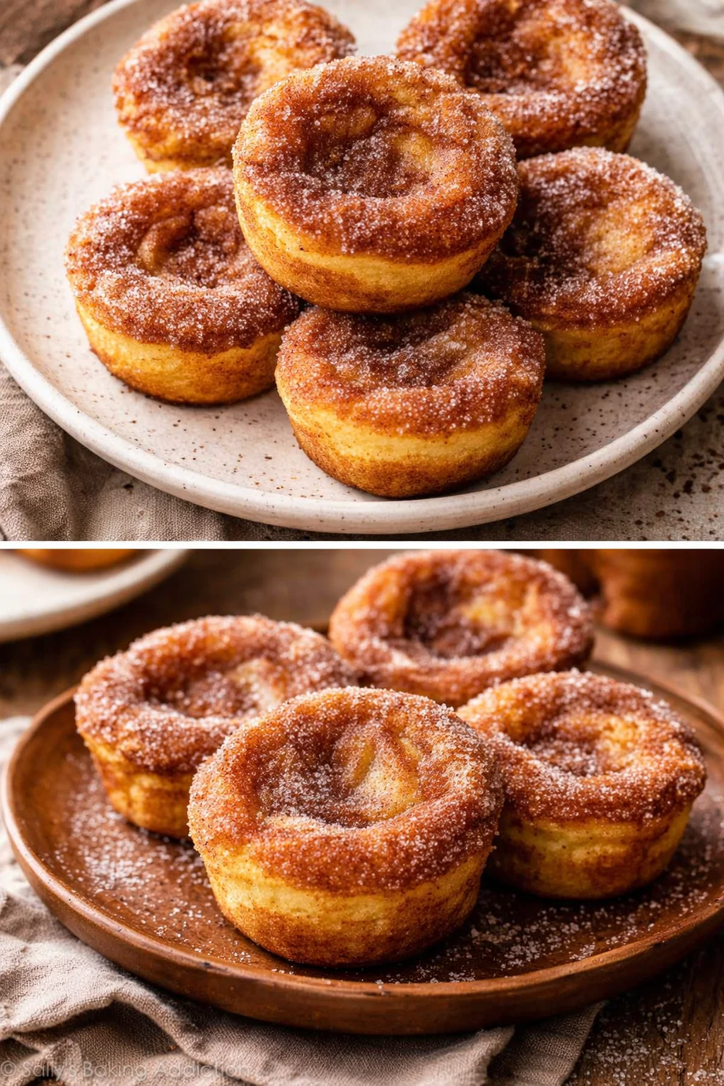 Cinnamon Sugar French Toast Muffins on a plate, dusted with cinnamon sugar