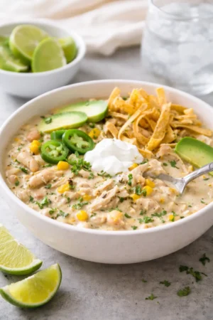 Creamy crockpot white chicken chili in a bowl topped with cilantro