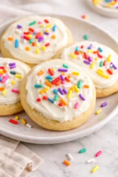 Creamy dreamy frosting on freshly baked sugar cookies
