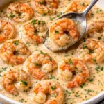 Creamy garlic shrimp served on a plate, garnished with parsley.