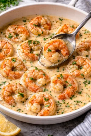 Creamy garlic shrimp served on a plate, garnished with parsley.