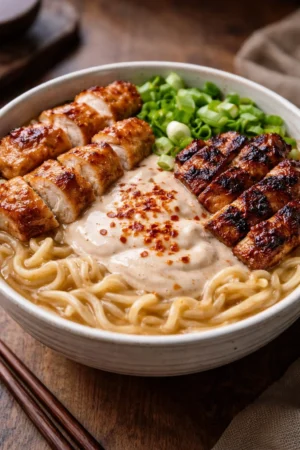 Bowl of creamy ramen chicken dish topped with herbs and spices