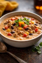 Bowl of creamy taco soup topped with cheese and cilantro
