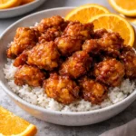 Deliciously crispy orange chicken garnished with fresh oranges and green onions