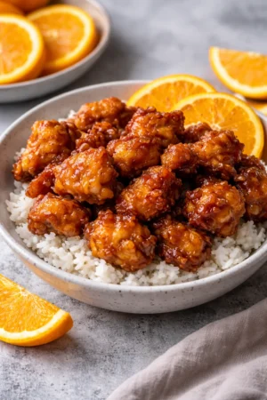 Deliciously crispy orange chicken garnished with fresh oranges and green onions