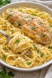 Crock Pot Angel Chicken served on a plate with herbs