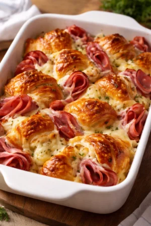 Delicious homemade croissant bake served warm with a golden crust