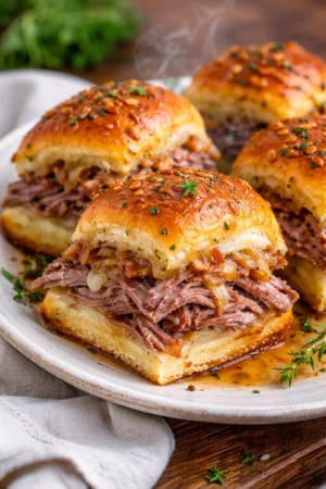 Delicious easy French dip sliders served with au jus for dipping
