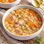 Bowl of easy ham and bean soup garnished with herbs and served with crusty bread